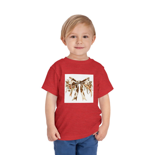 Toddler Short Sleeve Tee - Boho Western Bow with Flowers and Cow Pattern - Cute Kids Apparel for Celebrations
