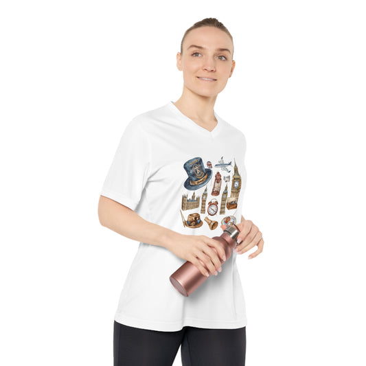 Women Performance V-Neck T-Shirt - Watercolor England Icons Wall Art