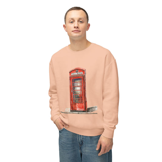 Unisex Lightweight Crewneck Sweatshirt - Iconic British Public Telephone - Classic Red Phone Box Design