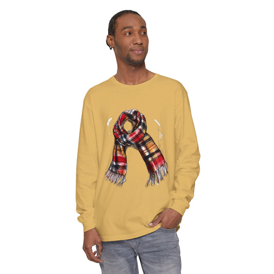 Unisex Garment-dyed Long Sleeve T-Shirt - Plaid British Scarf - Timeless Style and Classic Elegance