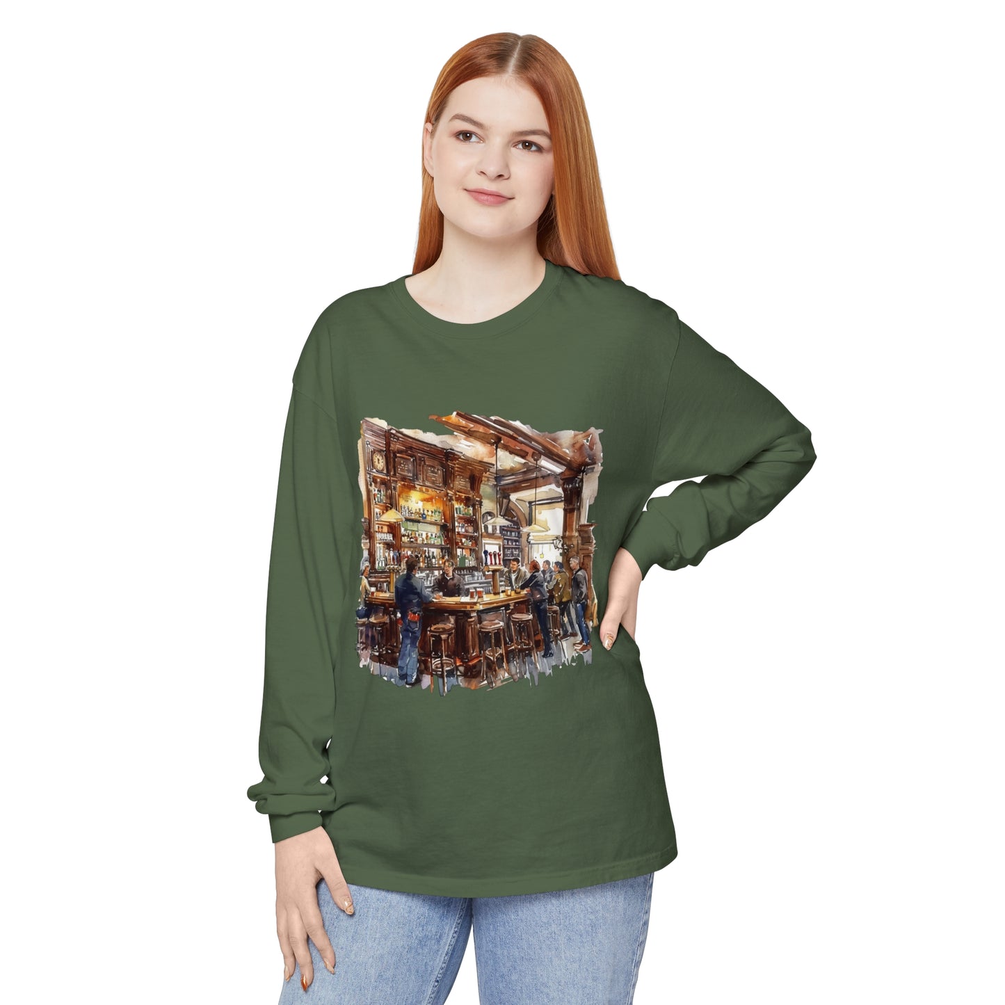 Unisex Garment-dyed Long Sleeve T-Shirt - Where Friends Gather - The Cozy British Pub
