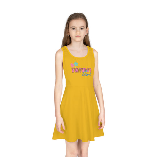 Girls Sundress - Trendy Birthday Girl Rainbow Animal Print Clipart - Yellow Sleeveless Dress for Celebrations