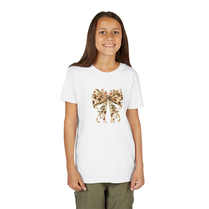 Youth Tee - Country Style Cow Print Bow with Wildflowers - Cute Kids Short Sleeve Shirt