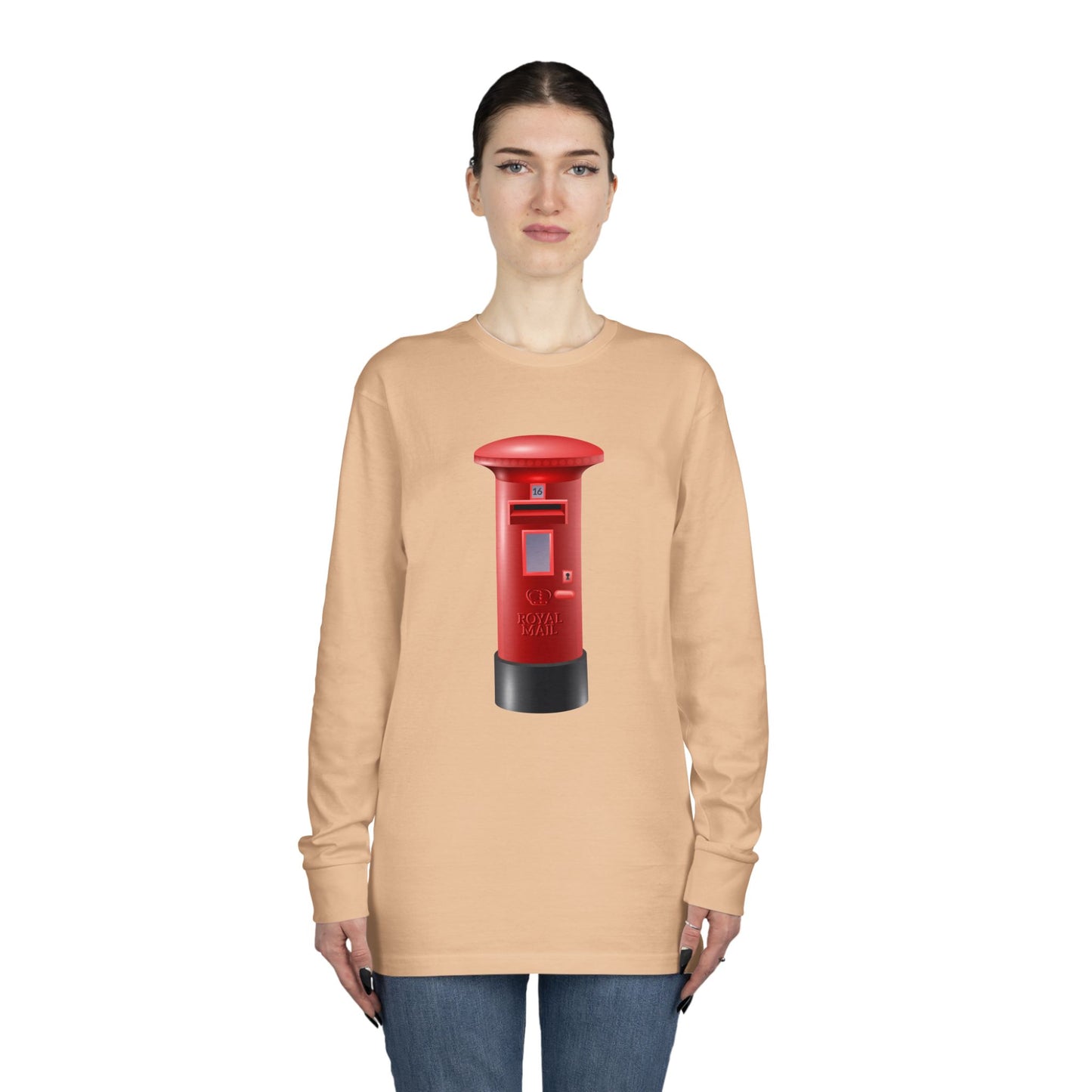 Long Sleeve Crewneck Tee - Classic UK Royal Mailbox Design - British Postbox Icon
