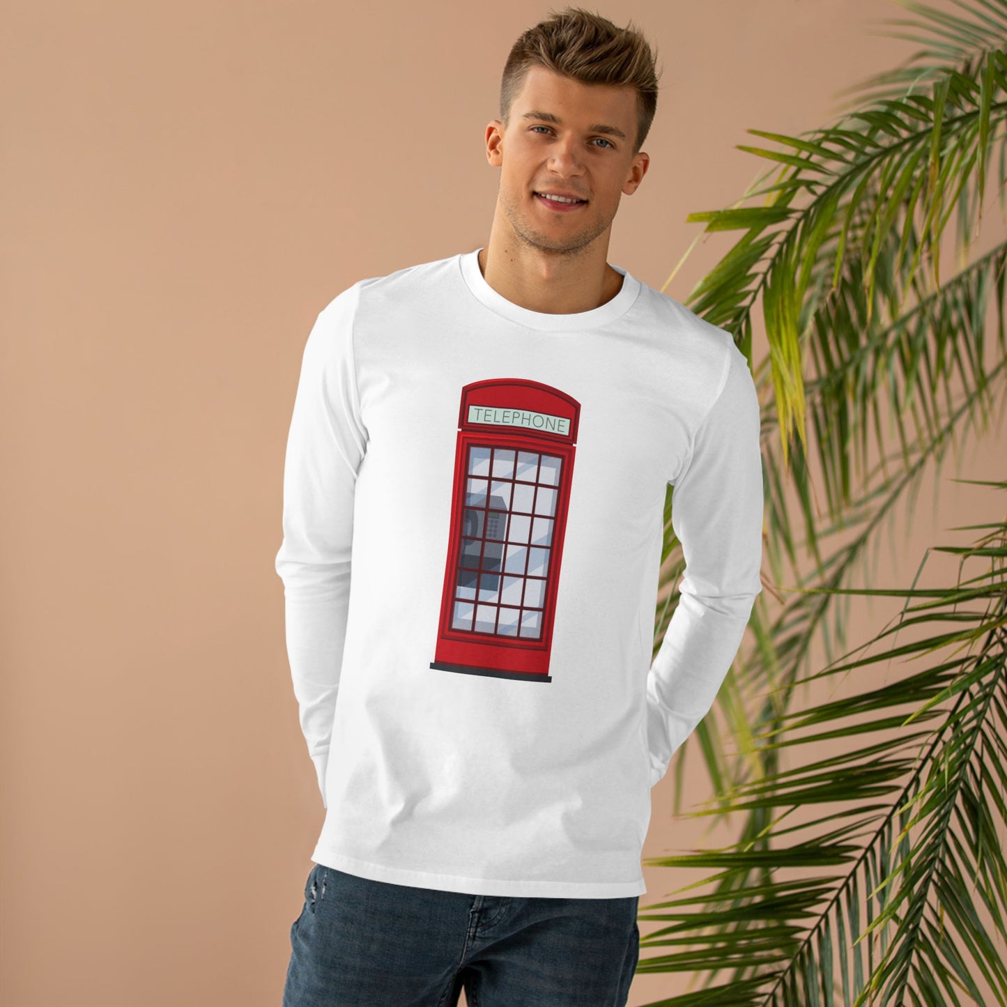 Men’s Base Longsleeve Tee - Iconic British Public Telephone - Classic Red Phone Box Design