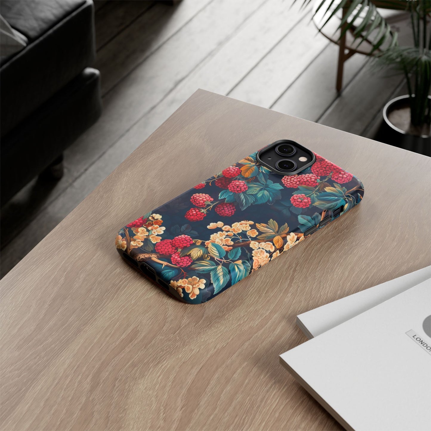Floral Phone Case with Berry Design, Durable Phone Cover, Floral Print, Gift for Plant Lovers, Nature-Inspired Accessory