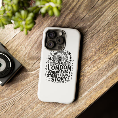 London Story Phone Case, Tough iPhone Cover, Gift for Travelers, London Souvenir, Black Typography Design
