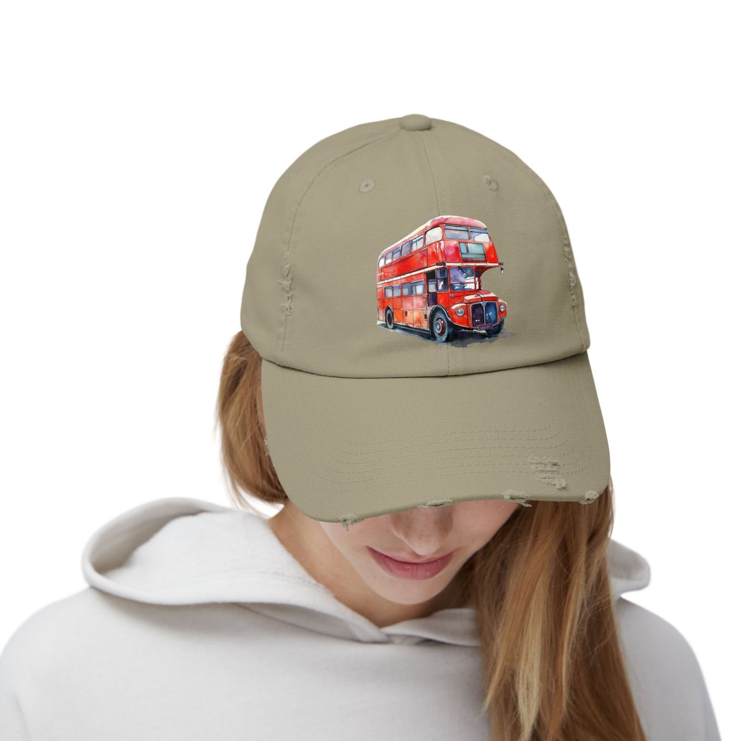 Unisex Distressed Cap with Vintage Red Bus Design, Great for Travel Lovers, Casual Wear, Gift for Friends, Birthday Cap, Summer Fashion