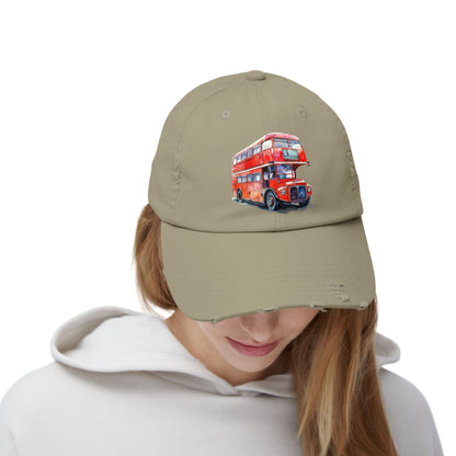 Unisex Distressed Cap with Vintage Red Bus Design, Great for Travel Lovers, Casual Wear, Gift for Friends, Birthday Cap, Summer Fashion