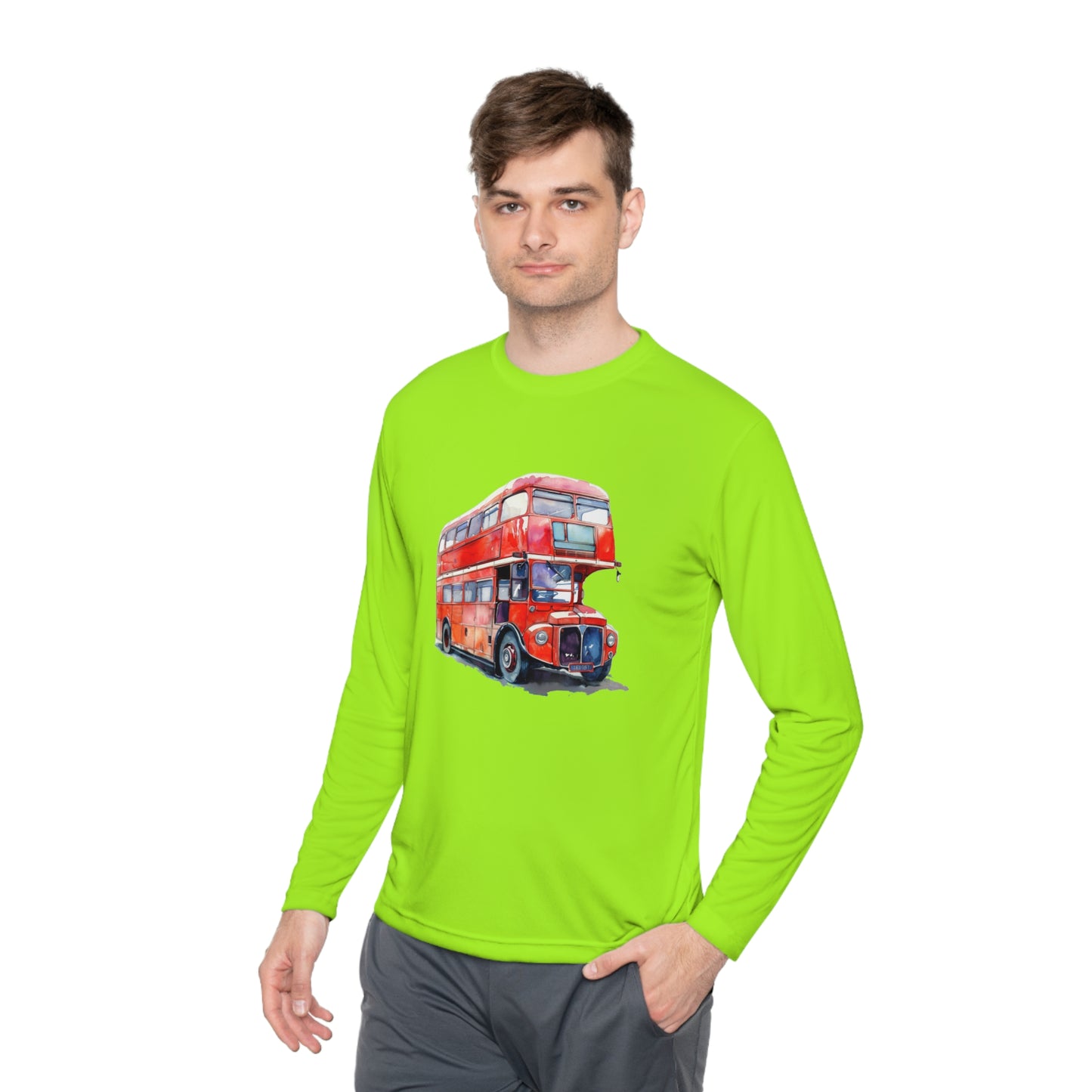 Unisex Lightweight Long Sleeve Tee - London Transport English Bus - Iconic Red Double-Decker Bus