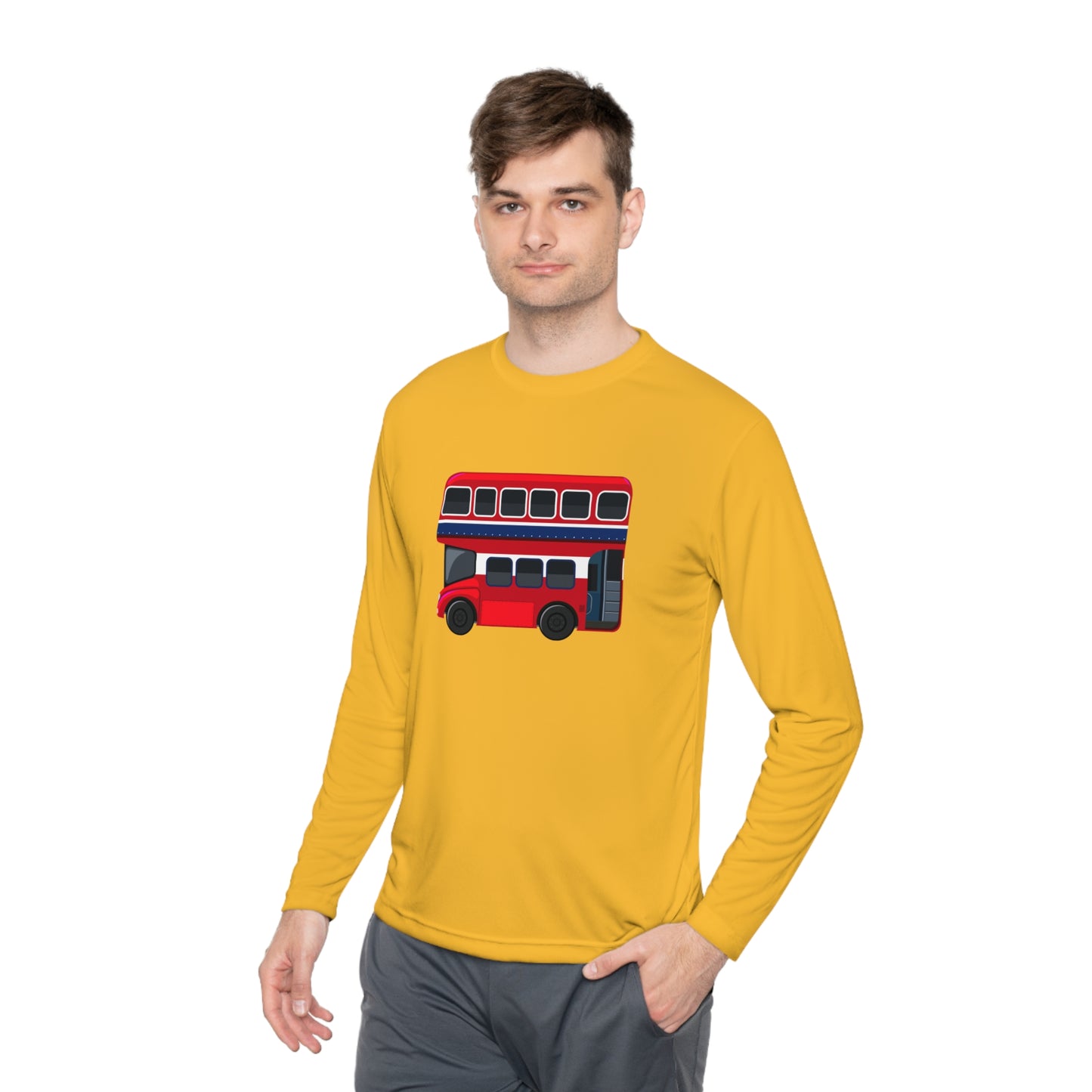 Unisex Lightweight Long Sleeve Tee - London Transport English Bus - Iconic Red Double-Decker Bus