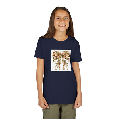 Youth Tee - Country Style Cow Print Bow with Wildflowers - Cute Kids Short Sleeve Shirt