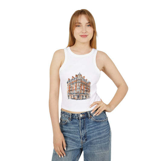 Women's Micro Rib Racer Tank Top - British Vintage Building - Architectural Charm and Classic Appeal