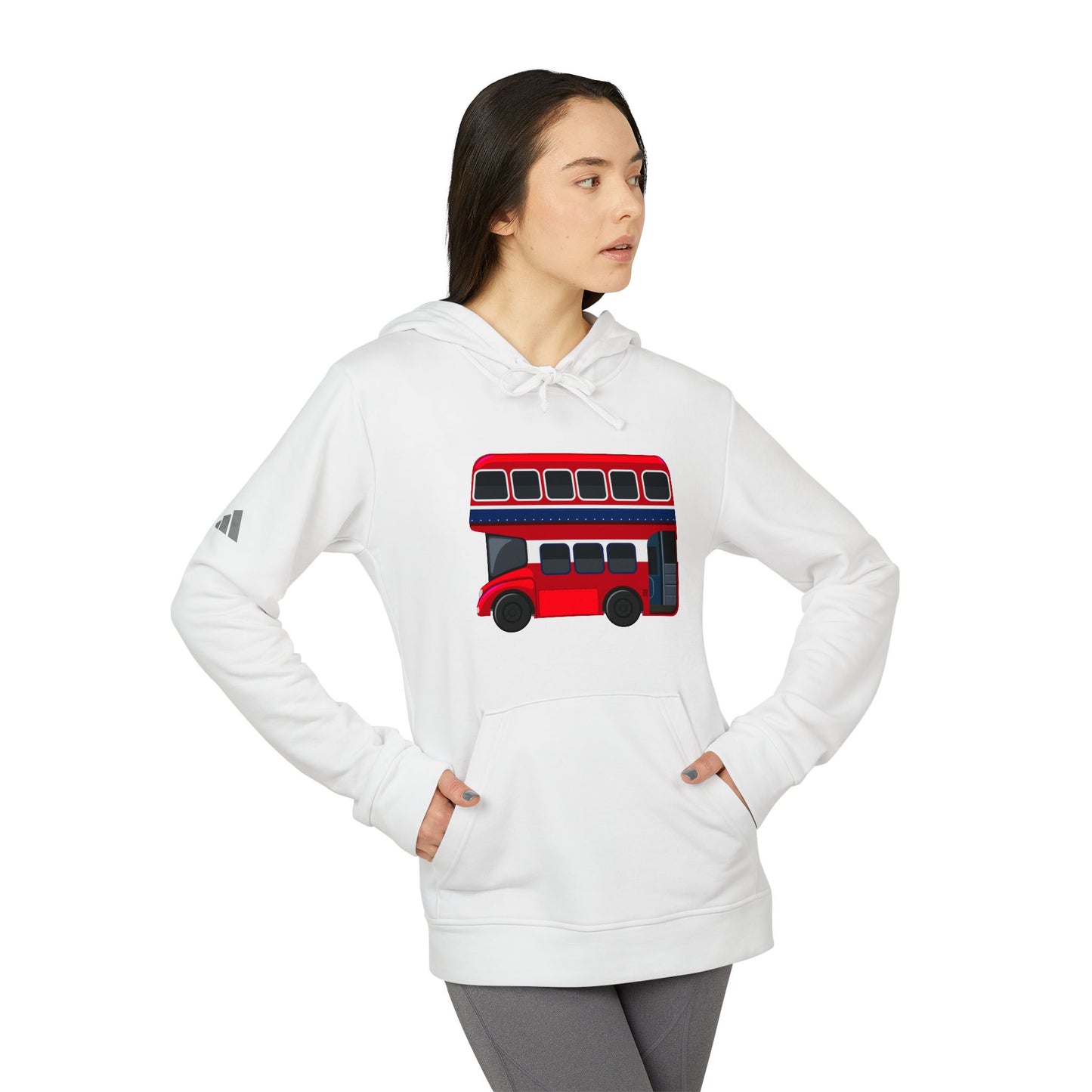 Adidas Unisex Fleece Hoodie with London Bus Design - Cozy Streetwear for Travel Lovers