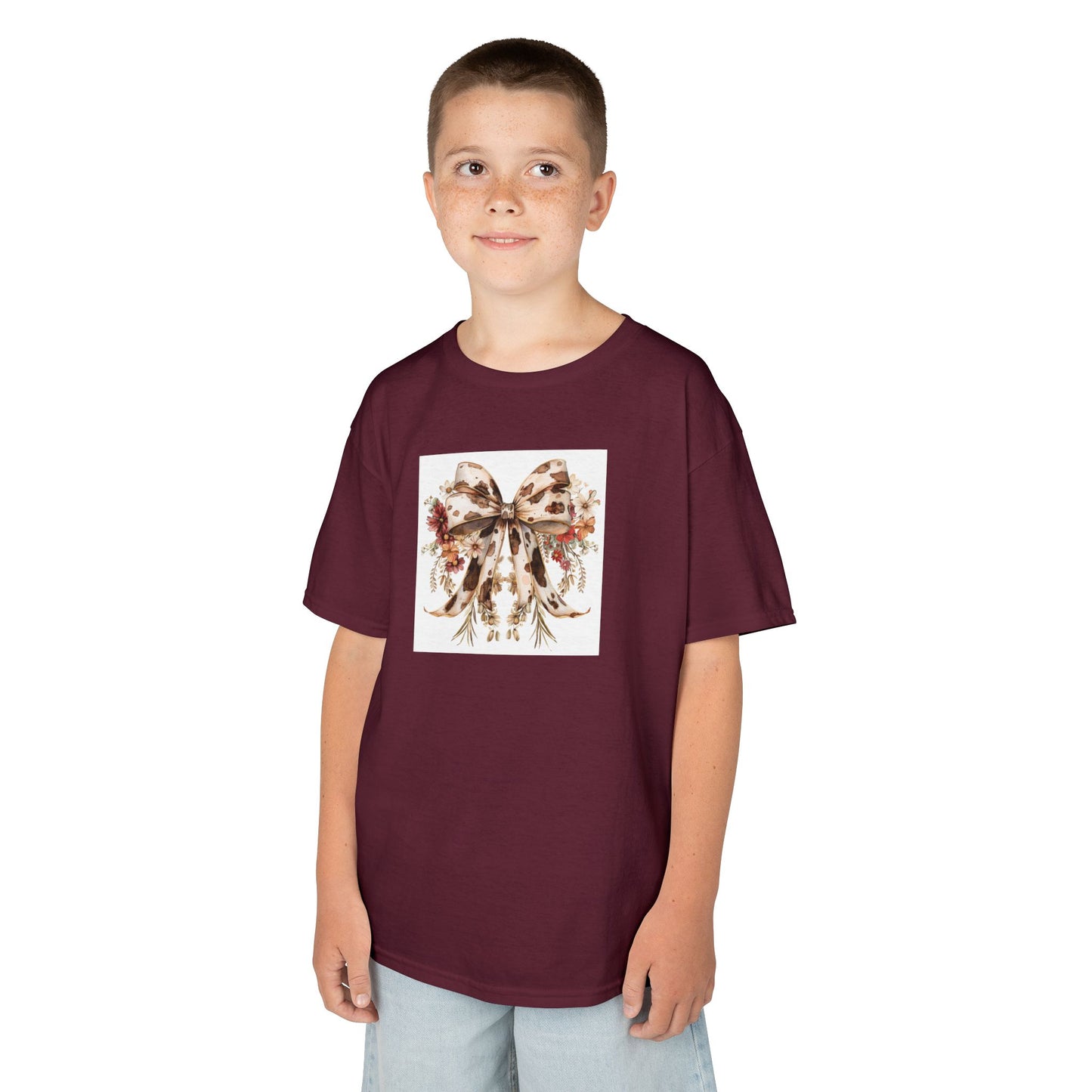Kids Tee - Rustic Cow Print Bow with Gold Accents and Flowers - Perfect for Birthdays and Holidays