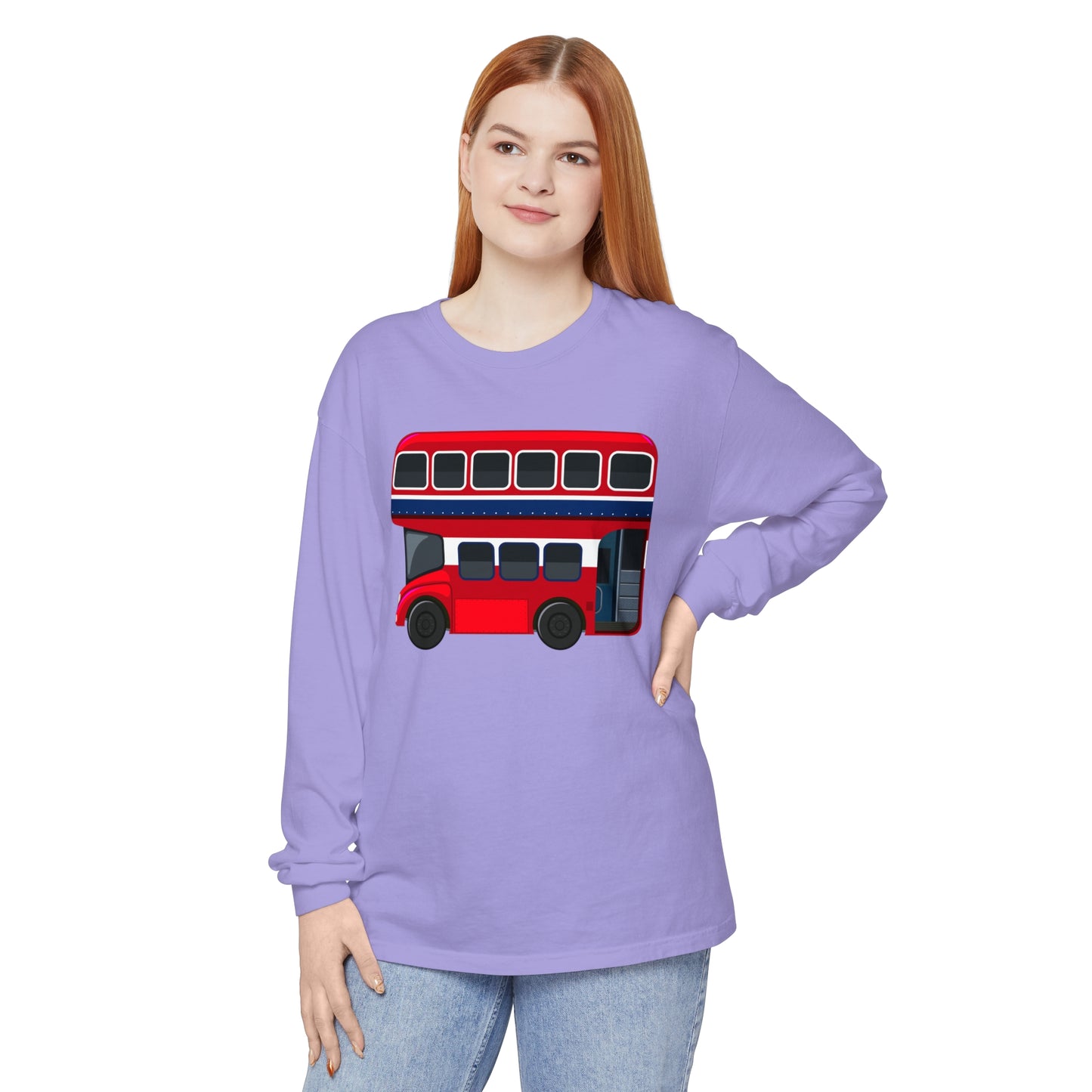 Unisex Garment-dyed Long Sleeve T-Shirt - The Heart of London - Iconic Double-Decker Buses