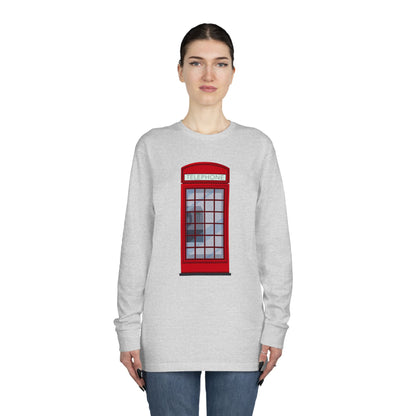 Long Sleeve Crewneck Tee - Iconic British Public Telephone - Classic Red Phone Box Design