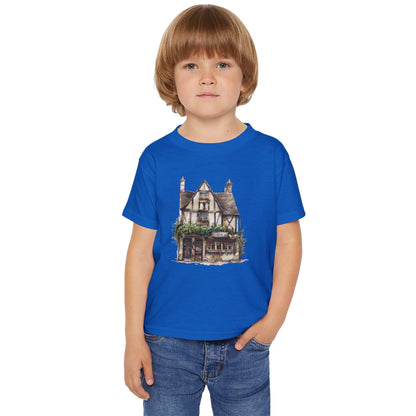 Toddler T-Shirt -  Rustic Vintage England House Artwork - Fun Blue Tee for Little Dreamers