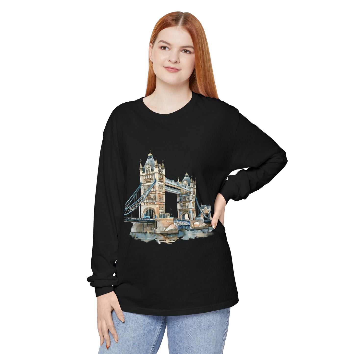 Unisex Garment-dyed Long Sleeve T-Shirt - London Bridge - Iconic Landmark and Historical Beauty