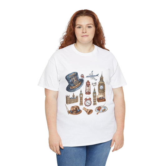 Unisex Heavy Cotton Tee - Icons of England - From Big Ben to Red Buses