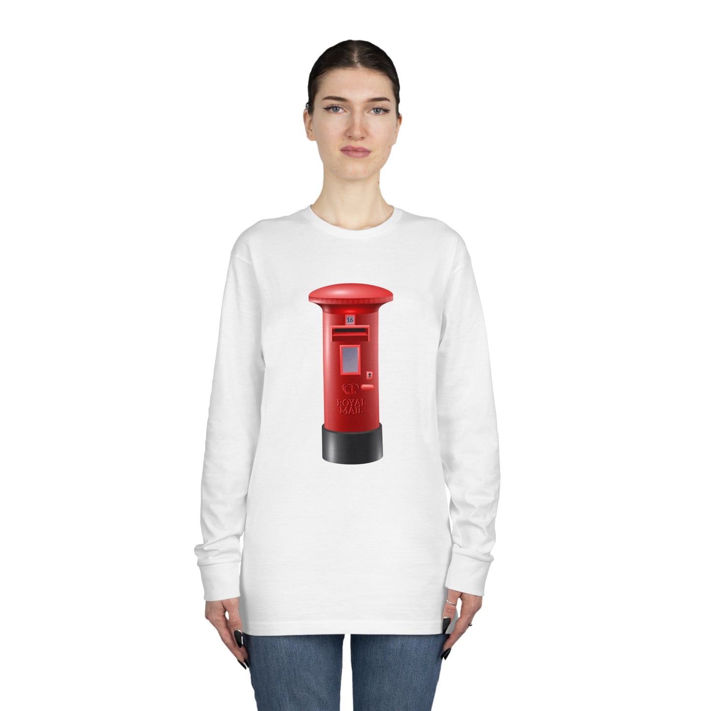 Long Sleeve Crewneck Tee - Classic UK Royal Mailbox Design - British Postbox Icon