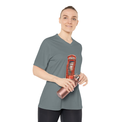 Women's Performance V-Neck T-Shirt - Iconic British Public Telephone - Classic Red Phone Box Design - London Red Phone Booth