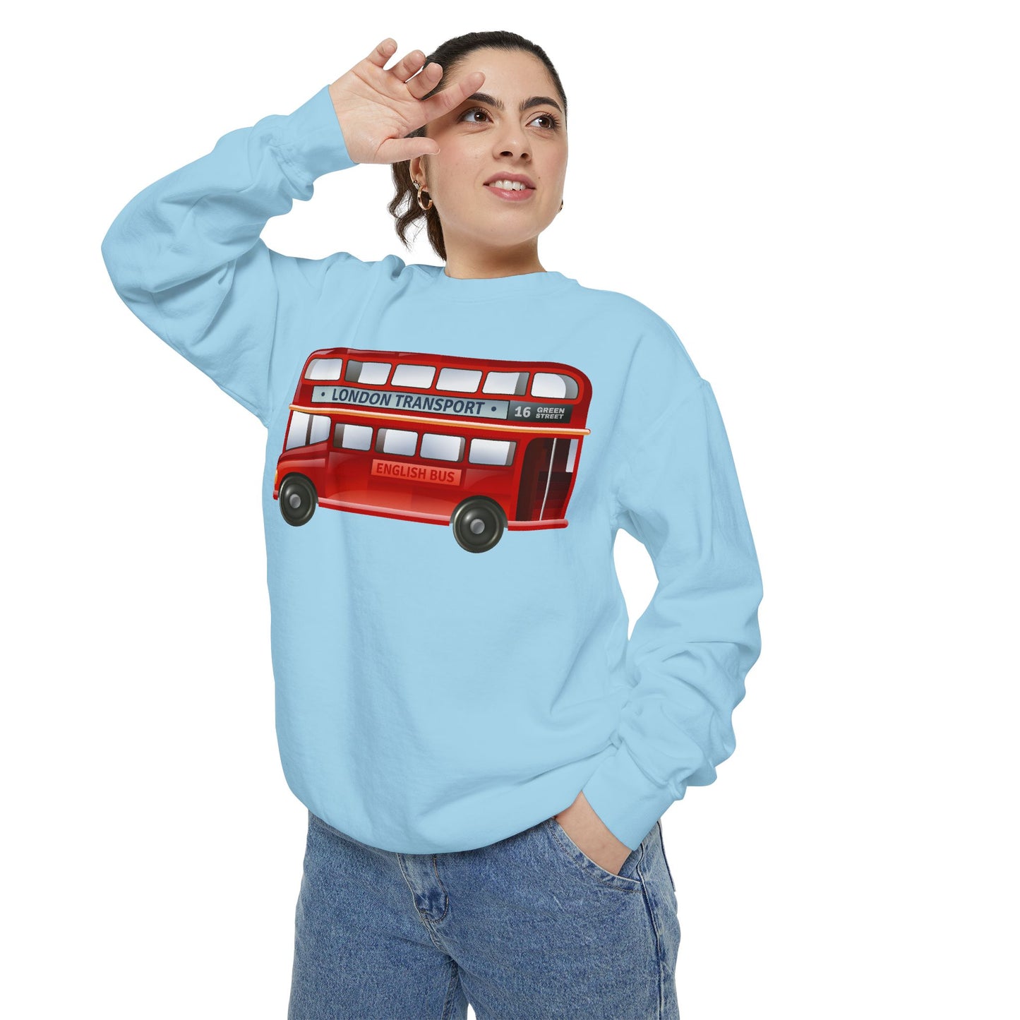 Unisex Garment-Dyed Sweatshirt - City on Wheels - The Classic British Red Bus