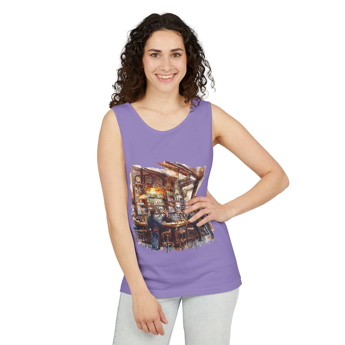 Unisex Garment-Dyed Tank Top - Cozy British Pub - London Watercolor Illustration