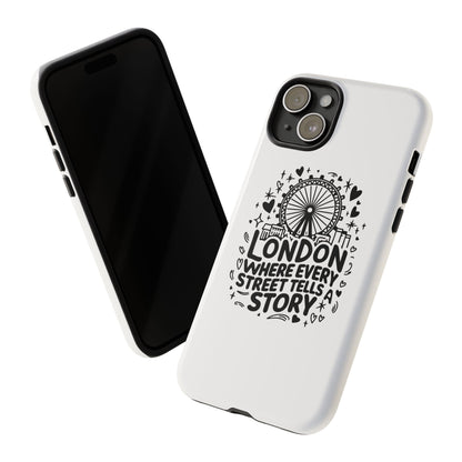 London Story Phone Case, Tough iPhone Cover, Gift for Travelers, London Souvenir, Black Typography Design
