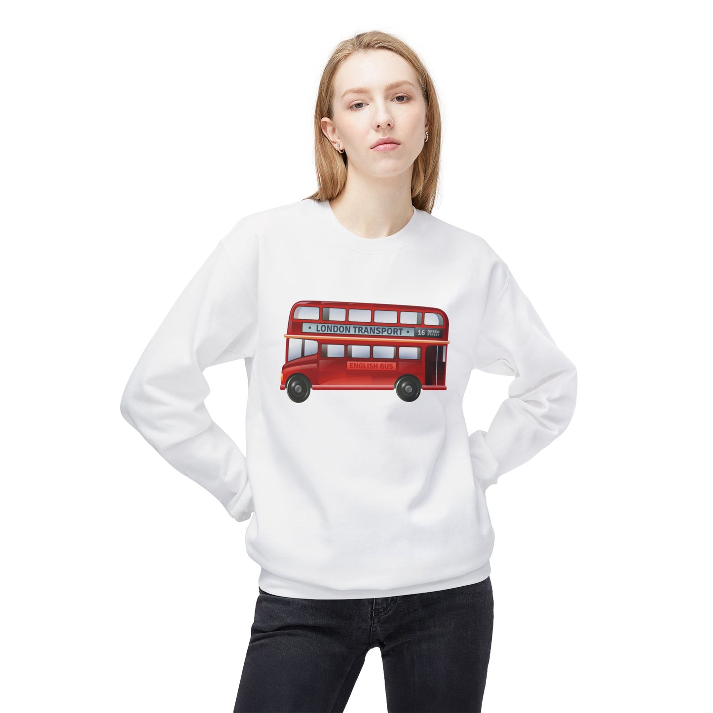 Unisex Midweight Softstyle Fleece Crewneck Sweatshirt - Iconic London Transport English Bus