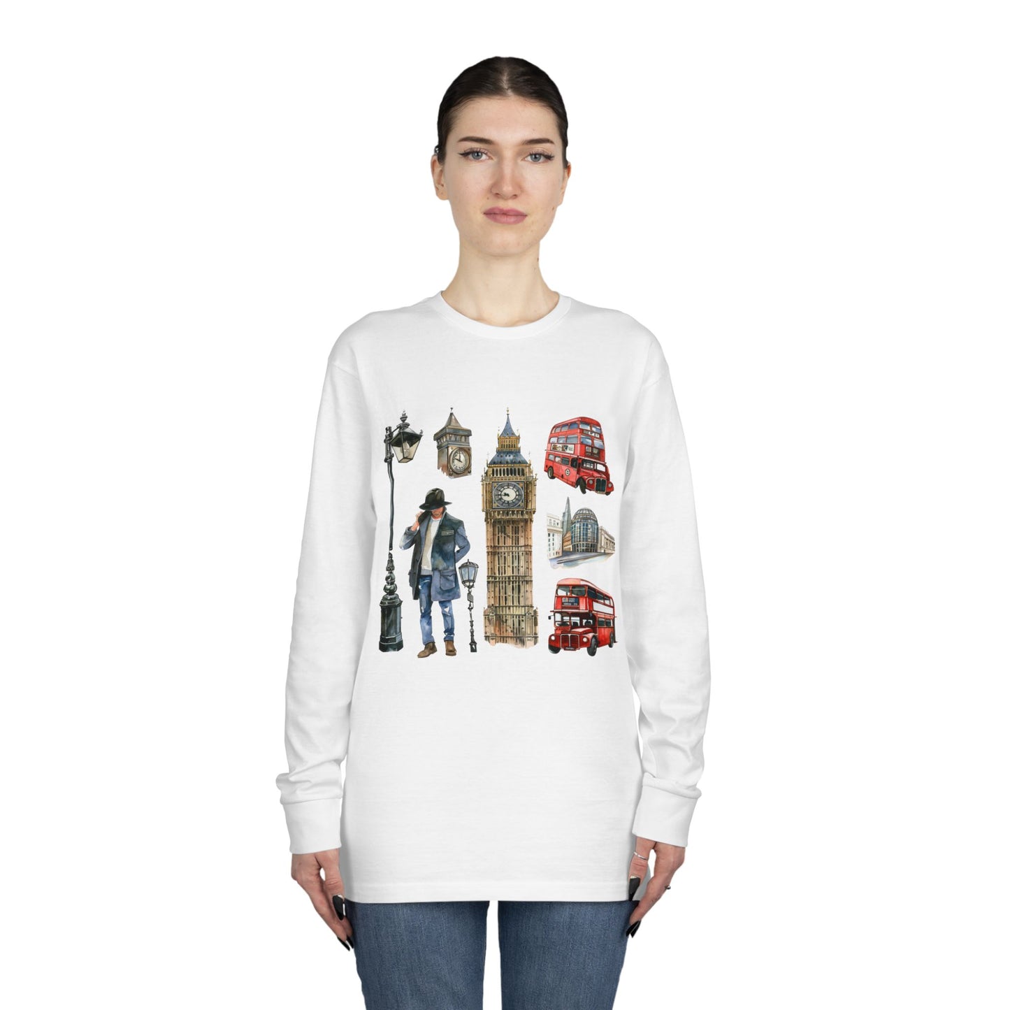 Long Sleeve Crewneck Tee - Icons of England - From Big Ben to Red Buses