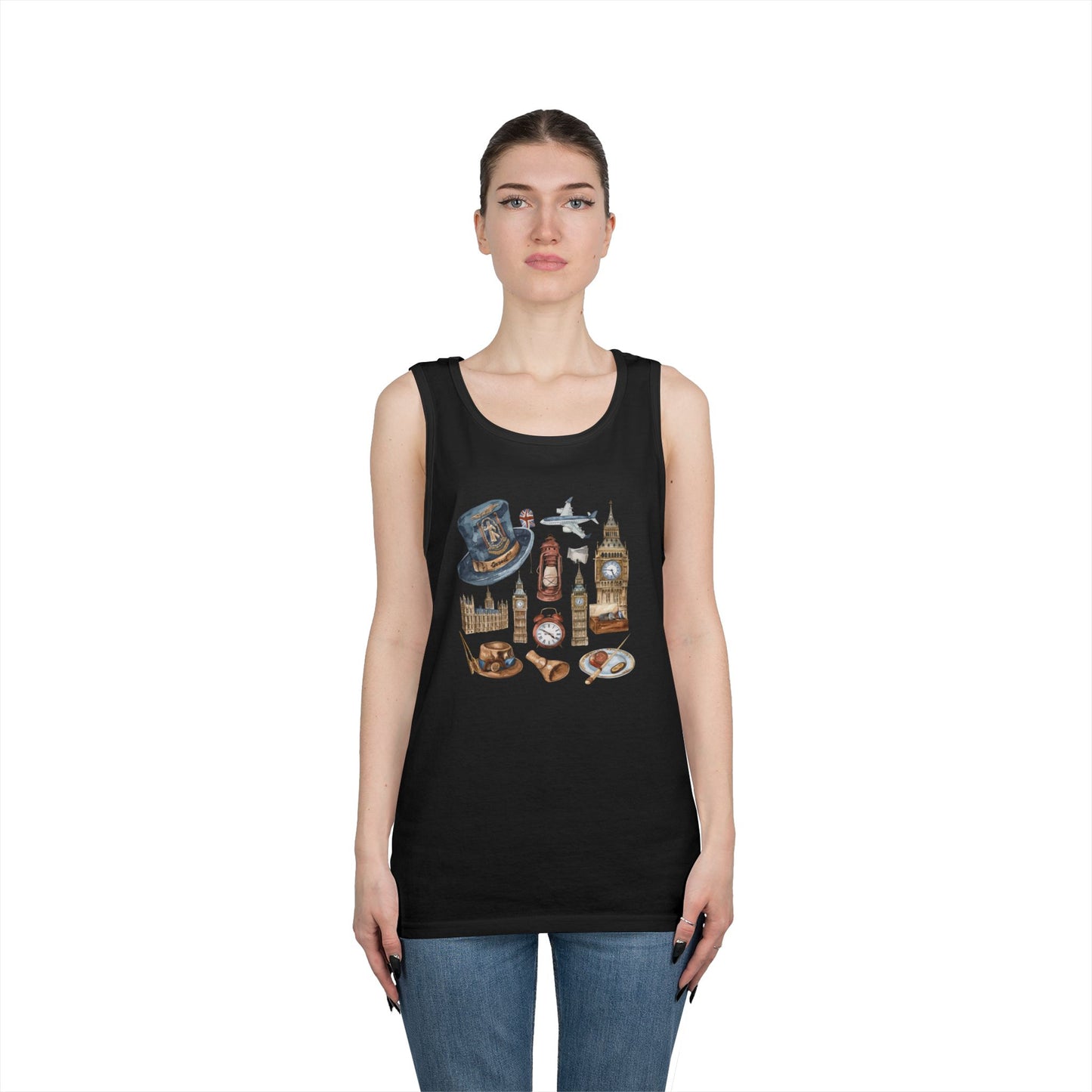 Unisex Heavy Cotton Tank Top - England Travel Icons Artistic Print