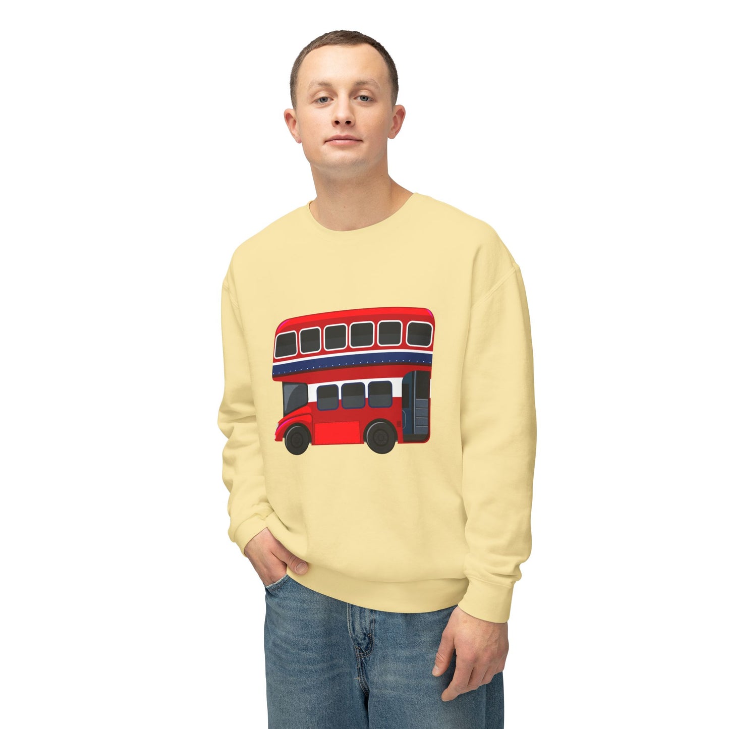 Unisex Lightweight Crewneck Sweatshirt - London Transport English Bus - Iconic Red Double-Decker Bus