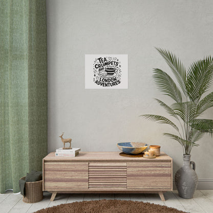 London Adventure Tea Crumpet Rolled Poster, Cute Wall Art, Gift for Tea Lovers, Home Decor, Travel Enthusiasts