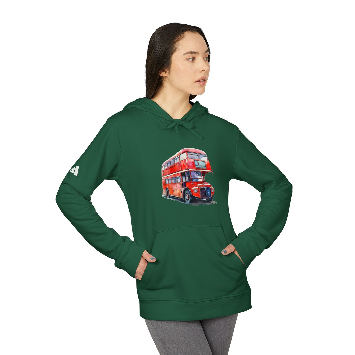 Adidas Unisex Fleece Hoodie - Vintage Red Bus Design - Cozy Streetwear
