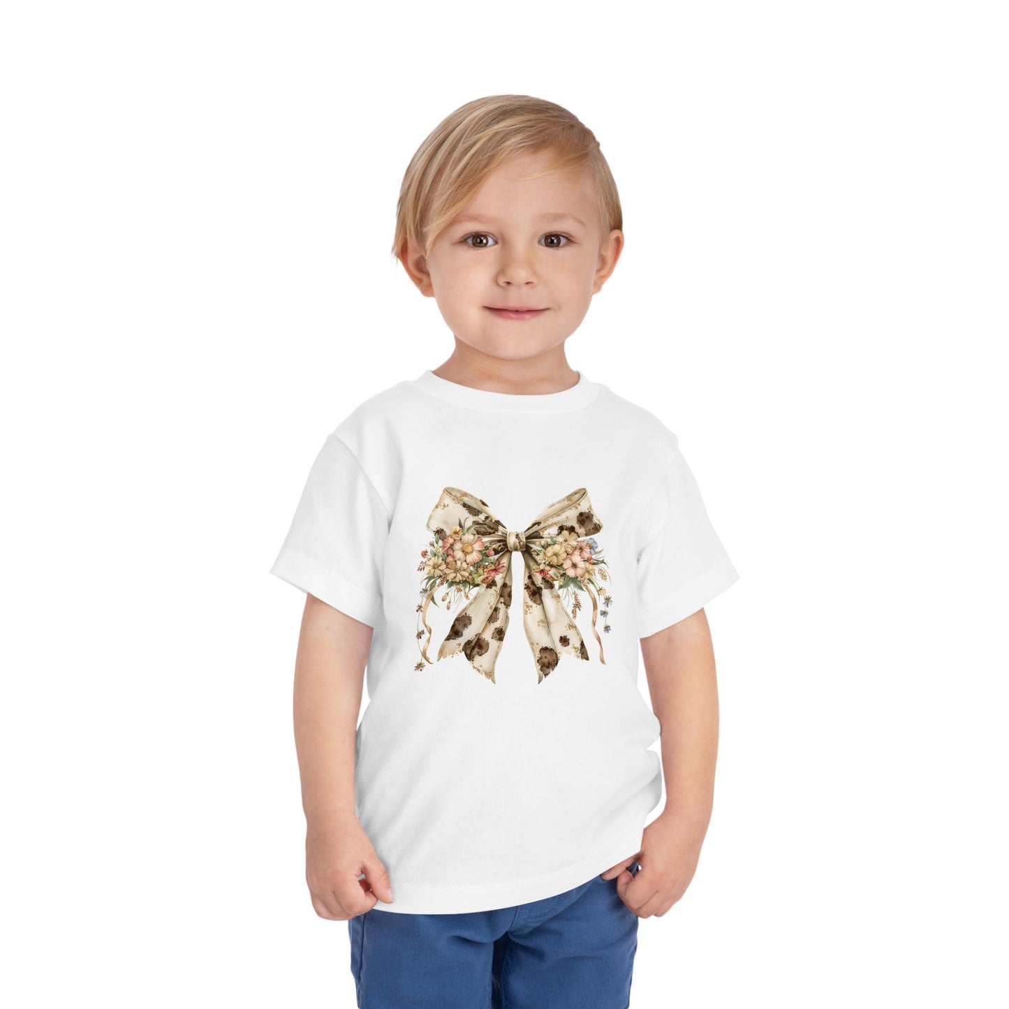 Toddler Tee - Western Floral Bow with Cow Pattern Aesthetic - Cute Short Sleeve Shirt for Kids