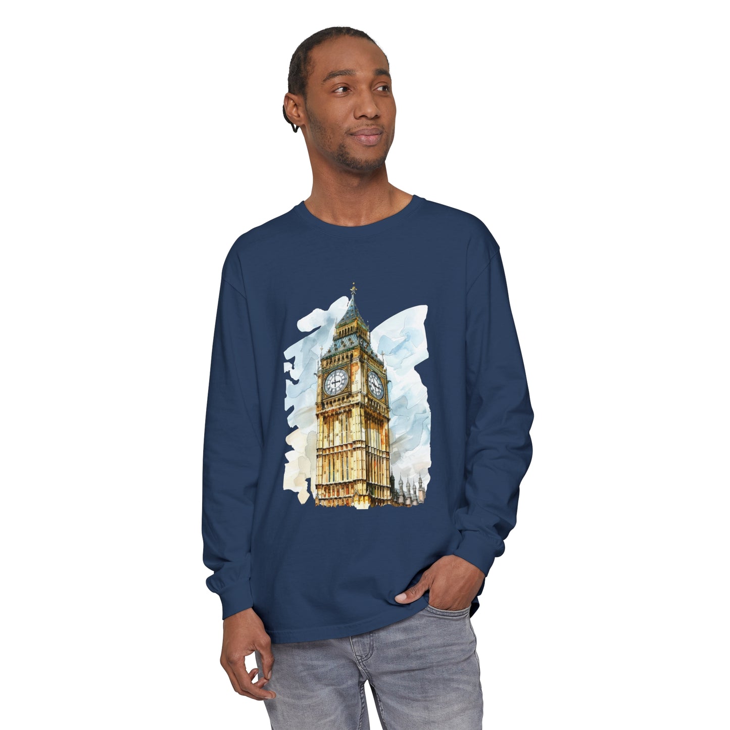 Unisex Garment-dyed Long Sleeve T-Shirt - London Clock Tower - Iconic Big Ben and Timeless Architecture