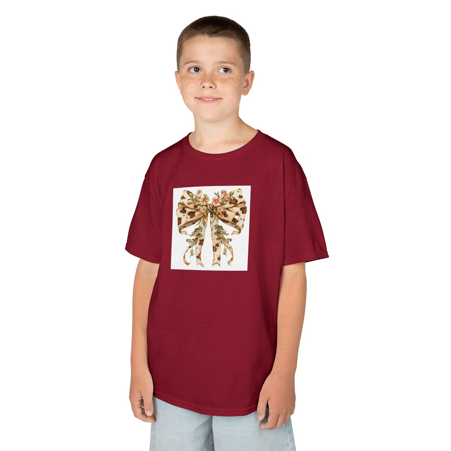 Kids Tee - Boho Western Bow with Flowers and Cow Pattern -  Adorable Heavy Cotton T-Shirt for Little Fashionistas