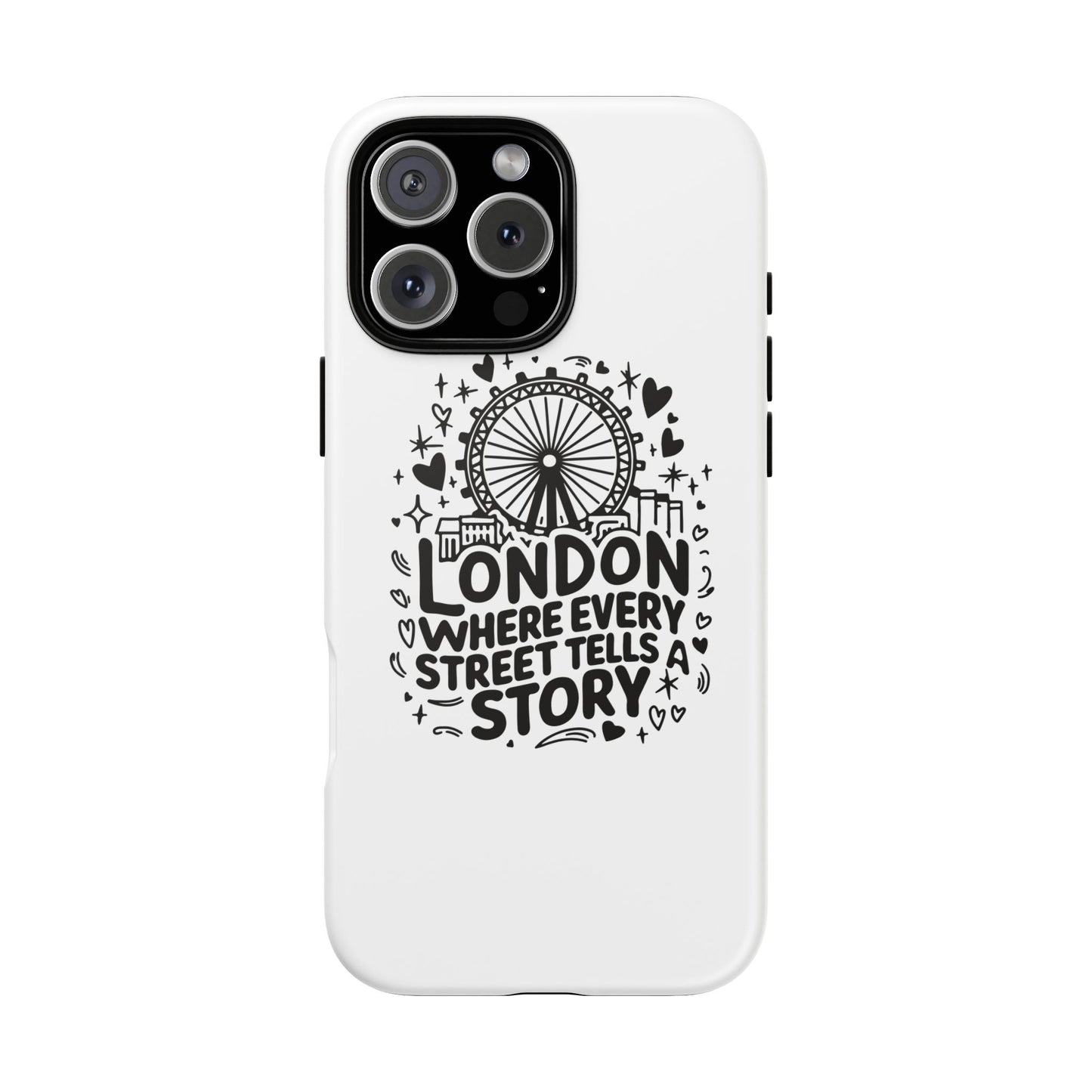 London Story Phone Case, Tough iPhone Cover, Gift for Travelers, London Souvenir, Black Typography Design