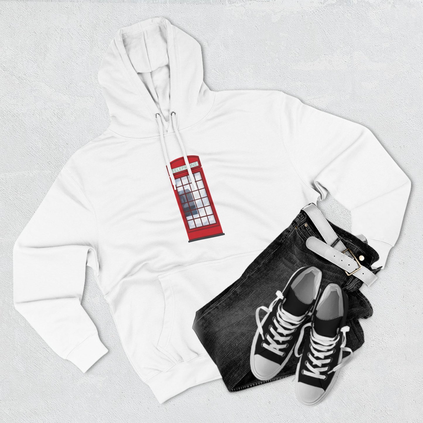Iconic British Red Telephone Relaxed Three-Panel Fleece Hoodie