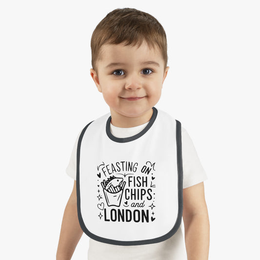 Adorable Baby Bib - 'Feasting on Fish Chips and London' - Perfect for New Parents, Baby Showers, Birthdays, Travel, Gifts