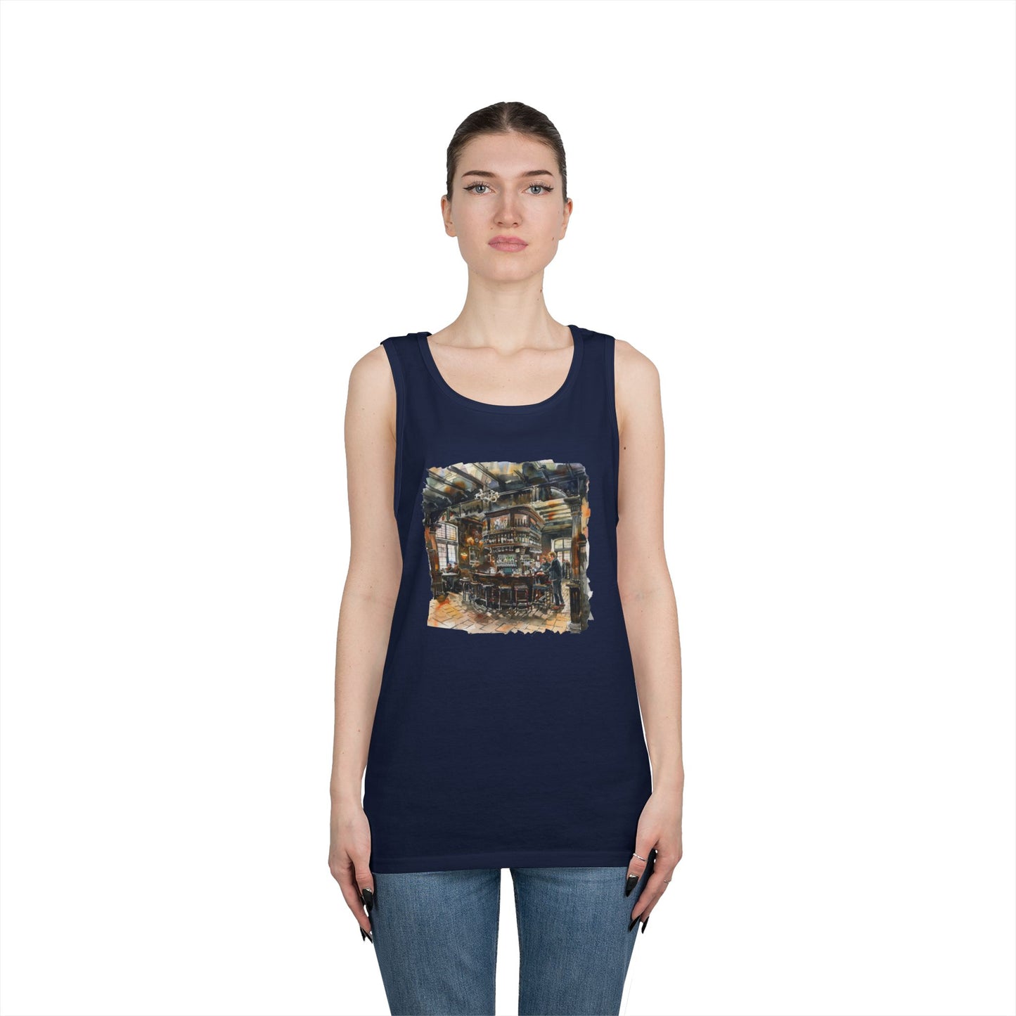 Unisex Heavy Cotton Tank Top - Rustic Bar Interior Watercolor Painting