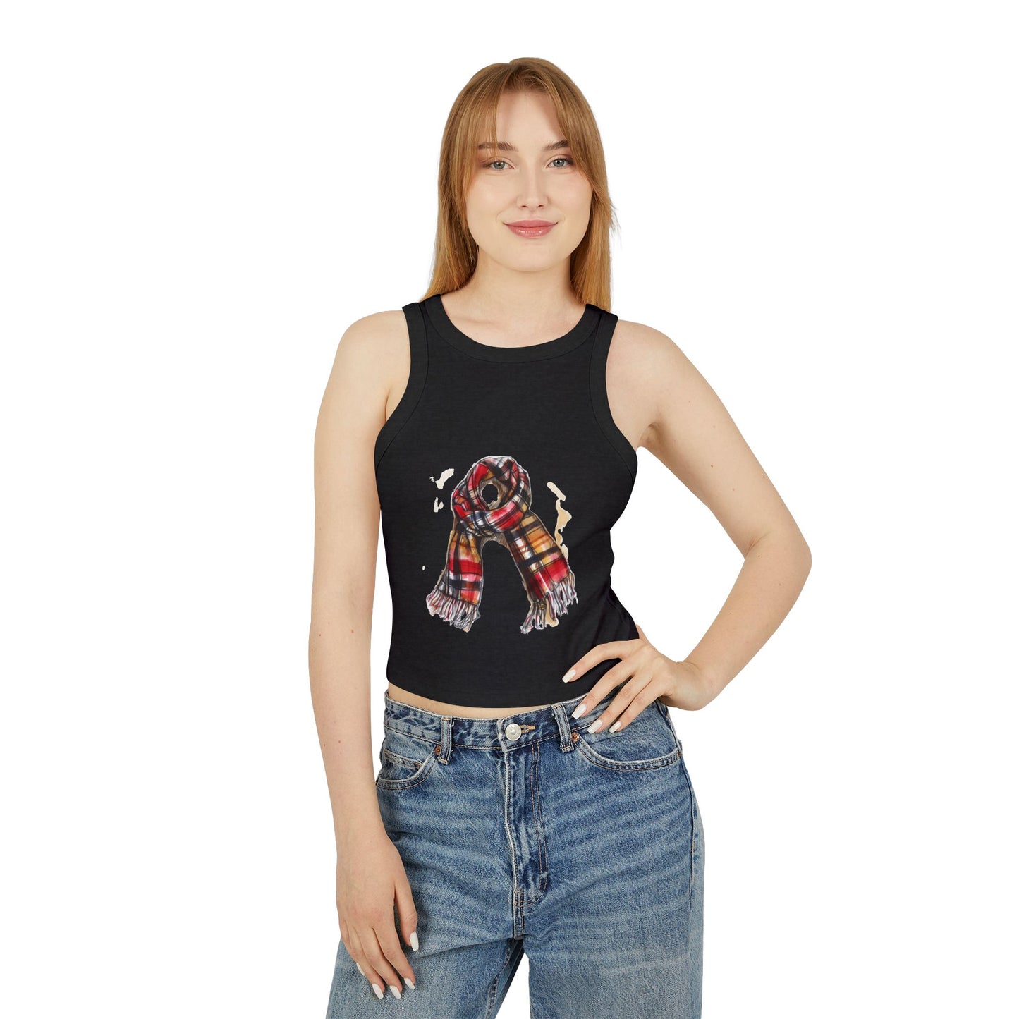 Women's Micro Rib Racer Tank Top - Plaid British Scarf - Timeless Style and Classic Elegance