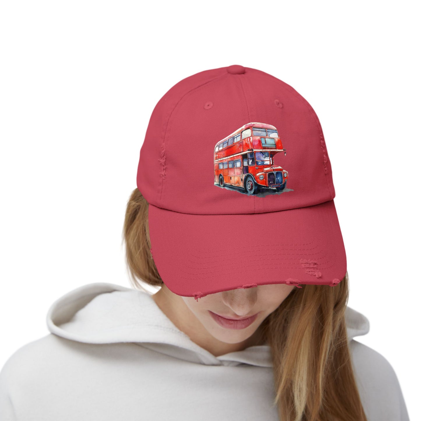 Unisex Distressed Cap with Vintage Red Bus Design, Great for Travel Lovers, Casual Wear, Gift for Friends, Birthday Cap, Summer Fashion