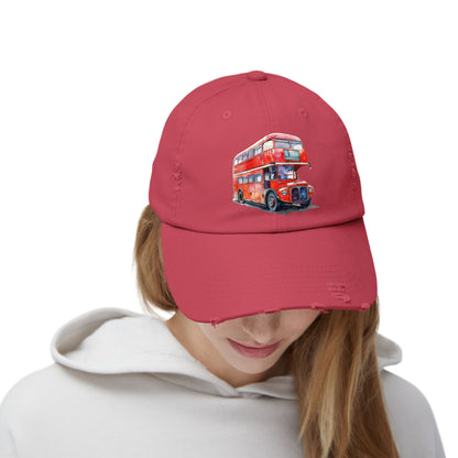 Unisex Distressed Cap with Vintage Red Bus Design, Great for Travel Lovers, Casual Wear, Gift for Friends, Birthday Cap, Summer Fashion
