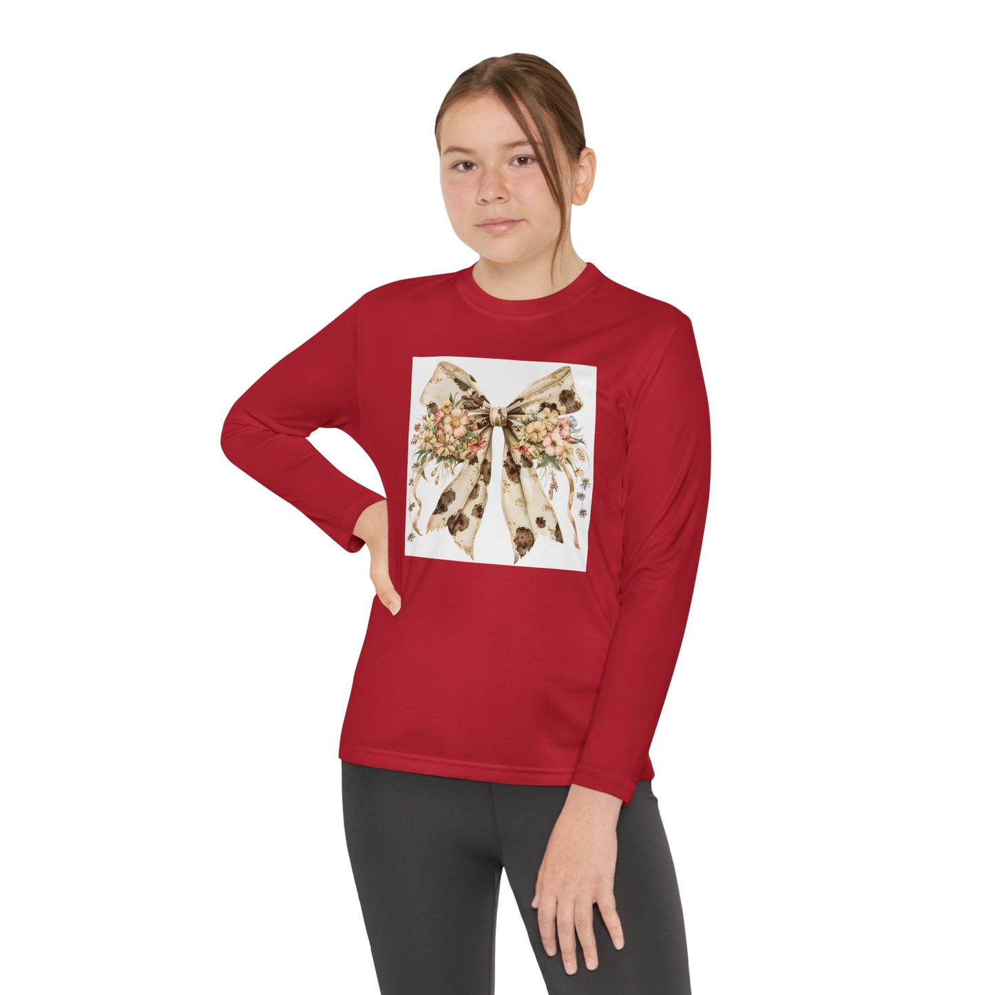 Youth Long Sleeve Tee - Rustic Country Bow with Daisy Flowers and Cow Spots - Stylish and Comfortable