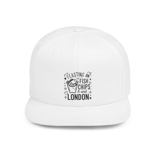 Feasting on Fish & Chips Snapback Hat, Fun Casual Cap for Food Lovers, London Souvenir, Summer Festival Wear, Unique Gift Idea