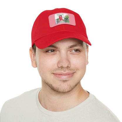 Red Door with Flowers Pink Dad Hat with Leather Patch, Casual Cap for Everyday Wear, Stylish Sun Hat, Gift for Dad, Summer Accessory