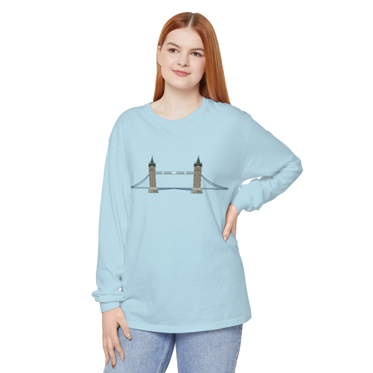 Unisex Garment-dyed Long Sleeve T-Shirt - Tower Bridge - Iconic London Landmark Illustration