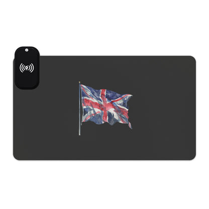 Waving Union Jack – UK Patriot Pride - LED Gaming Mouse Pad with Wireless Charging - British Flag Design, Desk Accessory, Gamer Gift, Home Office Decor, Tech Gadget